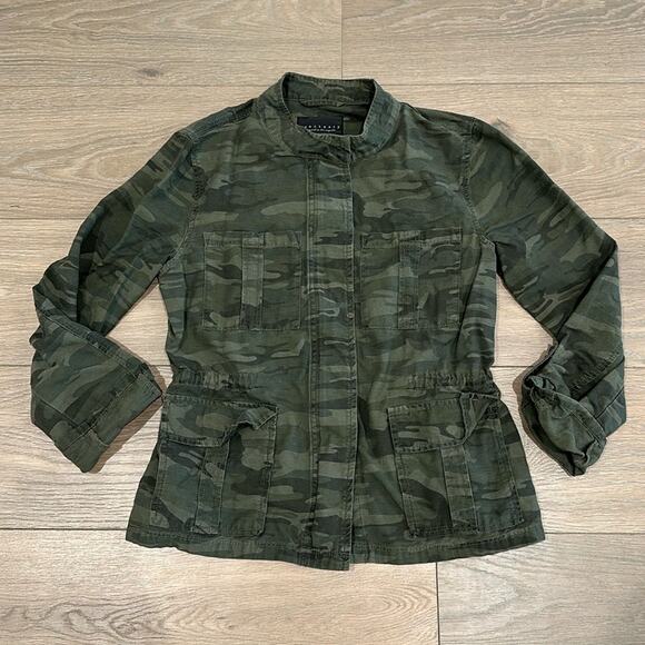 SANCTUARY Green Camouflage Utility Full Zip Cinch‎ Waist Rolled Cuff Jacket Sz S - Picture 2 of 13